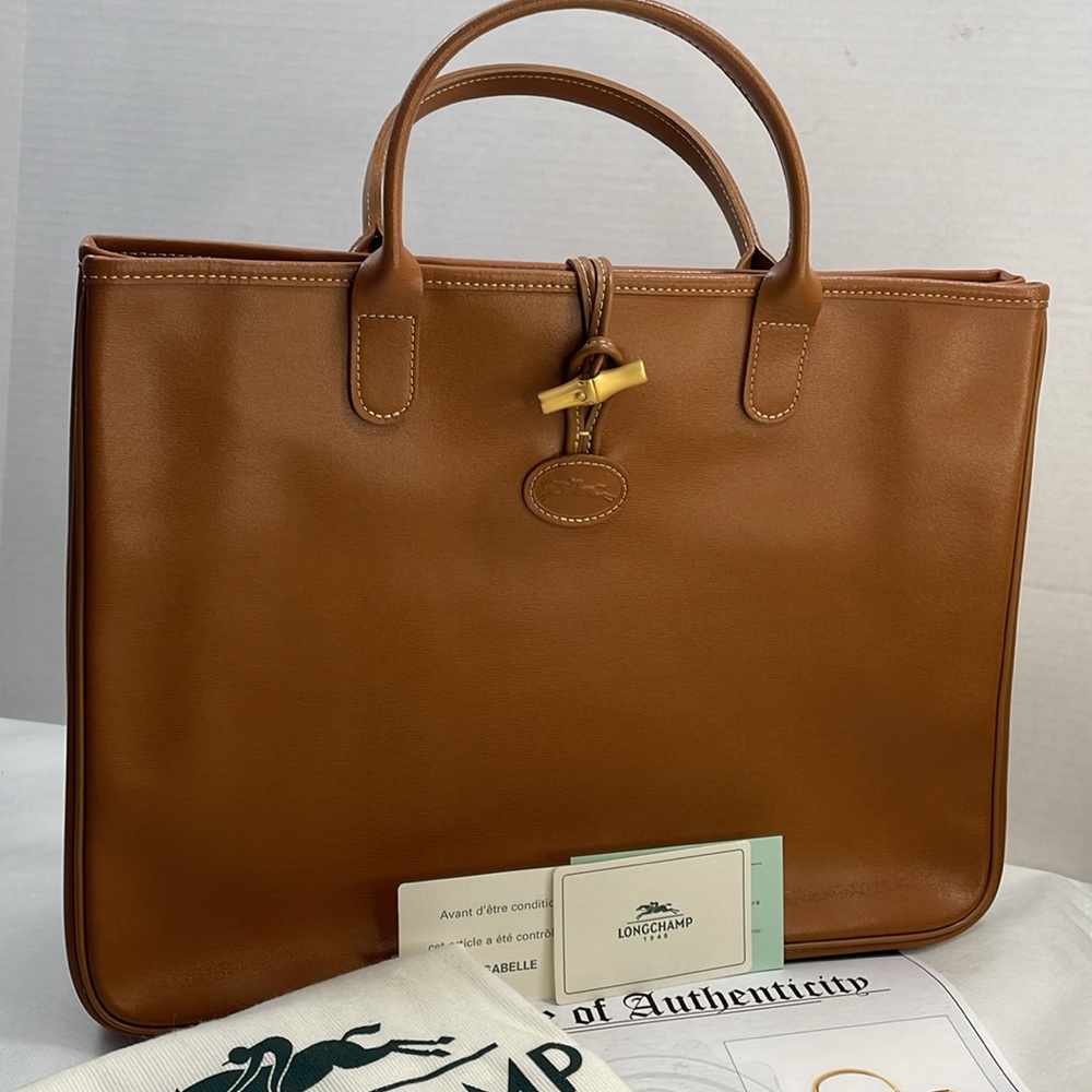 Authentic LONGCHAMP brown leather tote bag with dustcover, cards, and COA